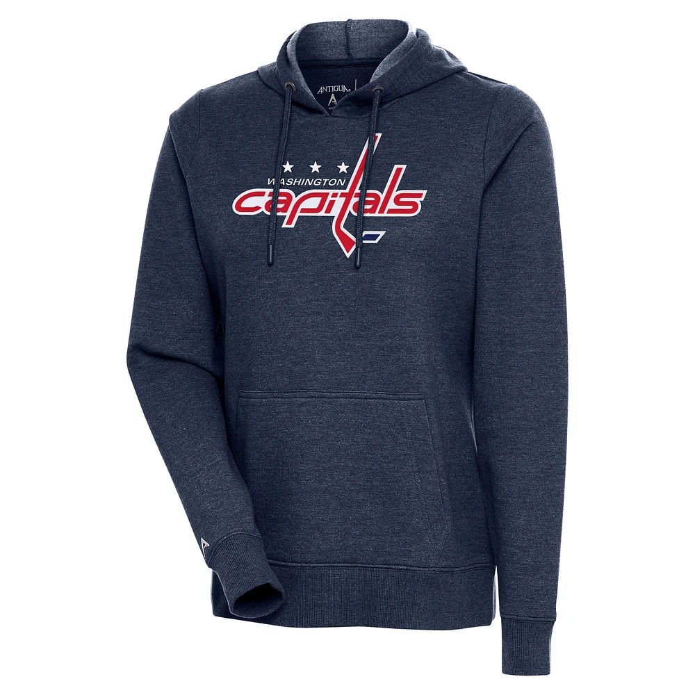 Women's Antigua Heather Navy Washington Capitals Logo Action Chenille Pullover Hoodie