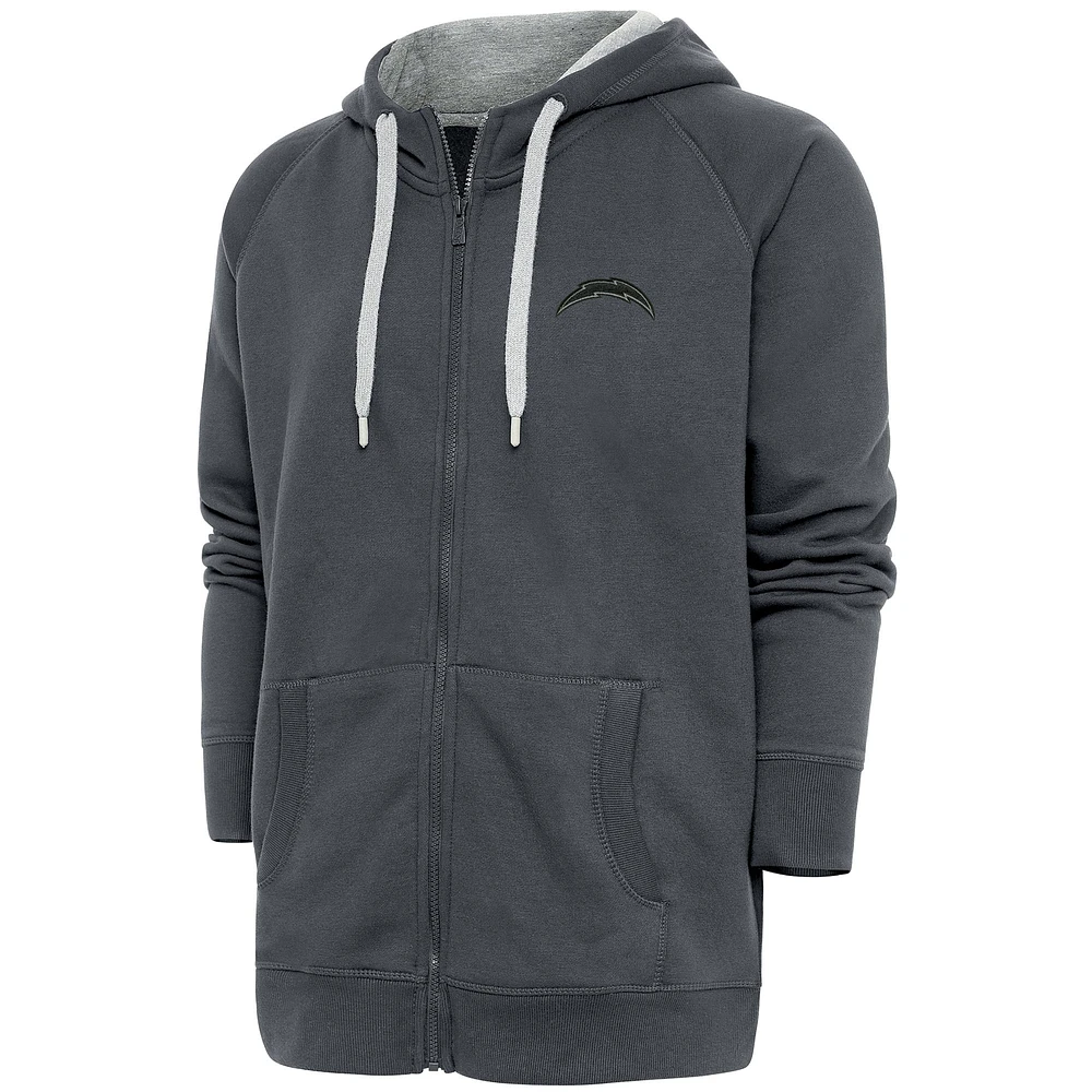 Men's Antigua Charcoal Los Angeles Chargers Tonal Logo Victory Full-Zip Hoodie