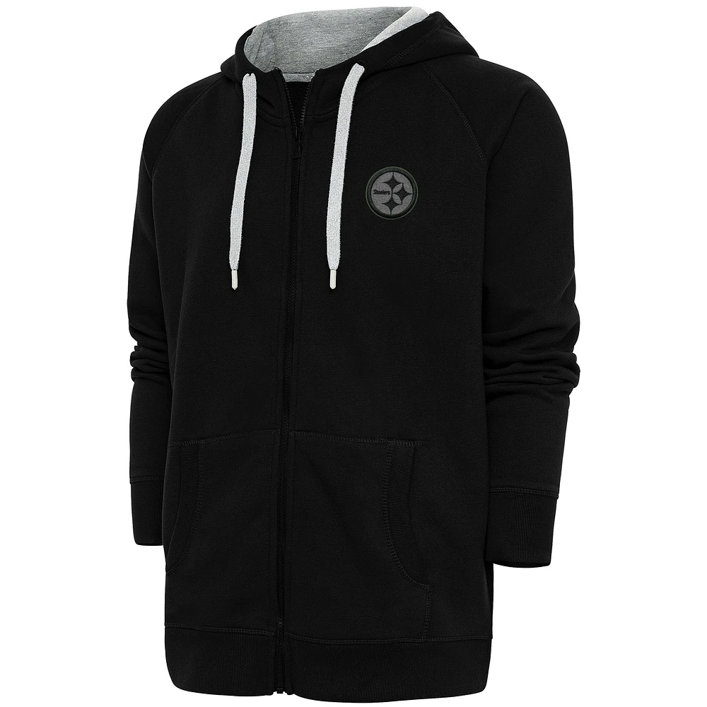 Men's Antigua Black Pittsburgh Steelers Tonal Logo Victory Full-Zip Hoodie