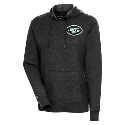 Women's Antigua Heather Black New York Jets Logo Action Pullover Hoodie