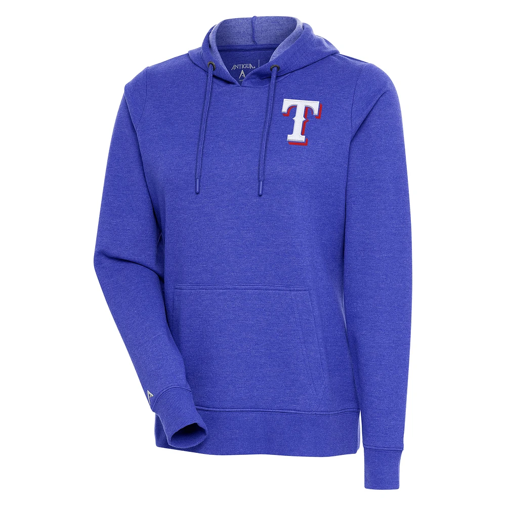 Women's Antigua Heather Royal Texas Rangers Action Pullover Hoodie
