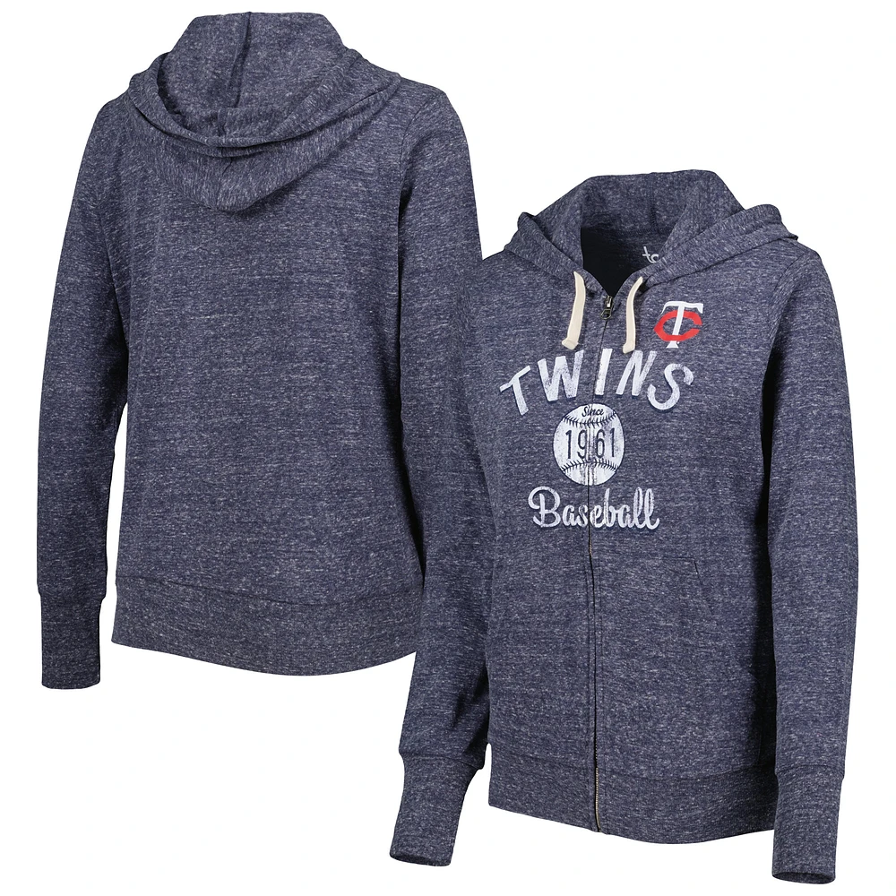 Women's Touch Navy Minnesota Twins Training Camp Tri-Blend Lightweight Full-Zip Hoodie
