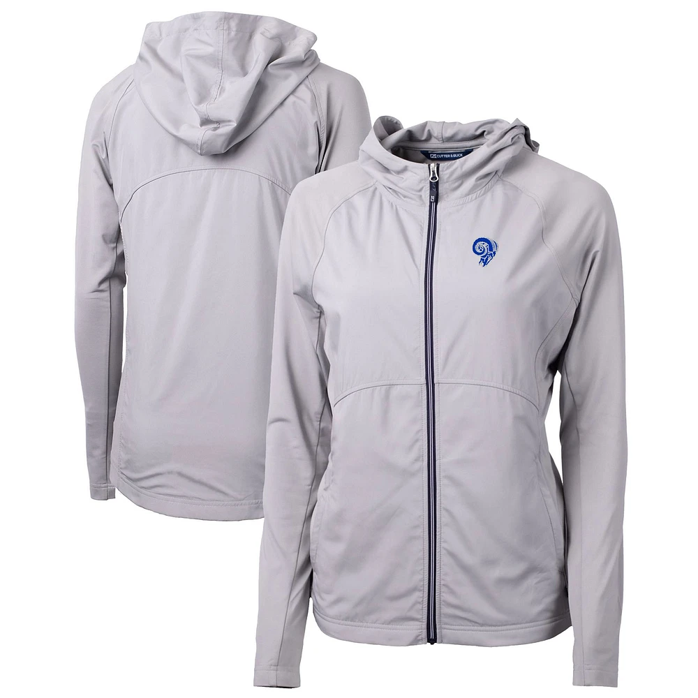Women's Cutter & Buck Gray Los Angeles Rams Throwback Logo Adapt Eco Knit Hybrid Recycled Full-Zip Hoodie