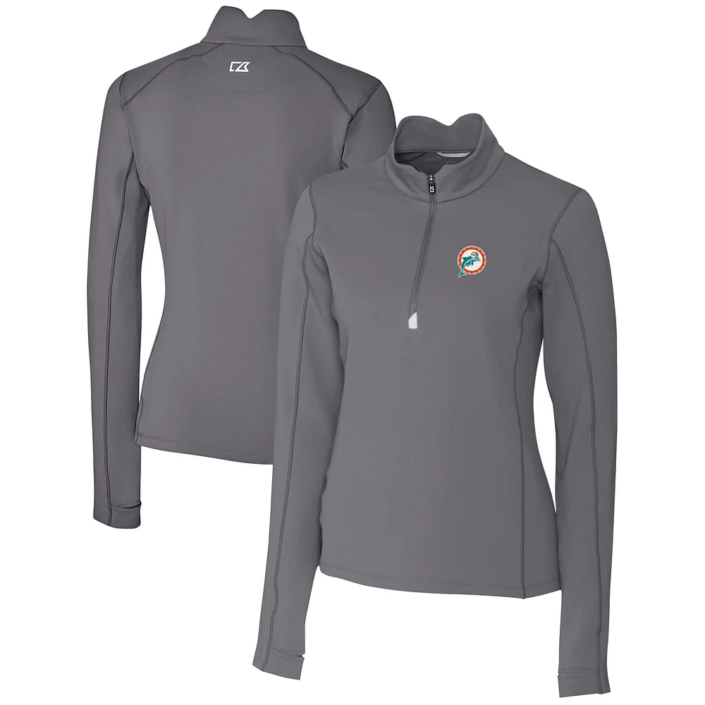 Women's Cutter & Buck Steel Miami Dolphins Throwback Logo Traverse Stretch Quarter-Zip Pullover Top