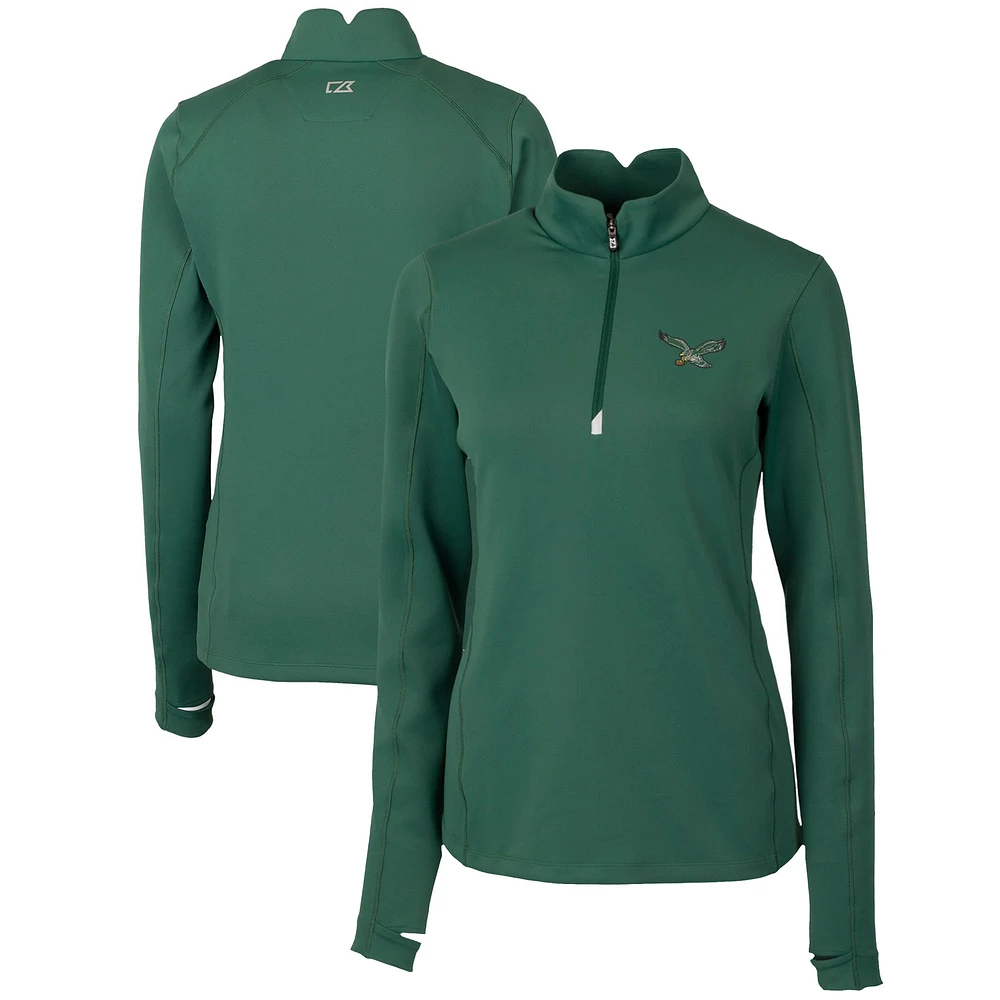 Women's Cutter & Buck Green Philadelphia Eagles Throwback Logo Traverse Stretch Quarter-Zip Pullover Top