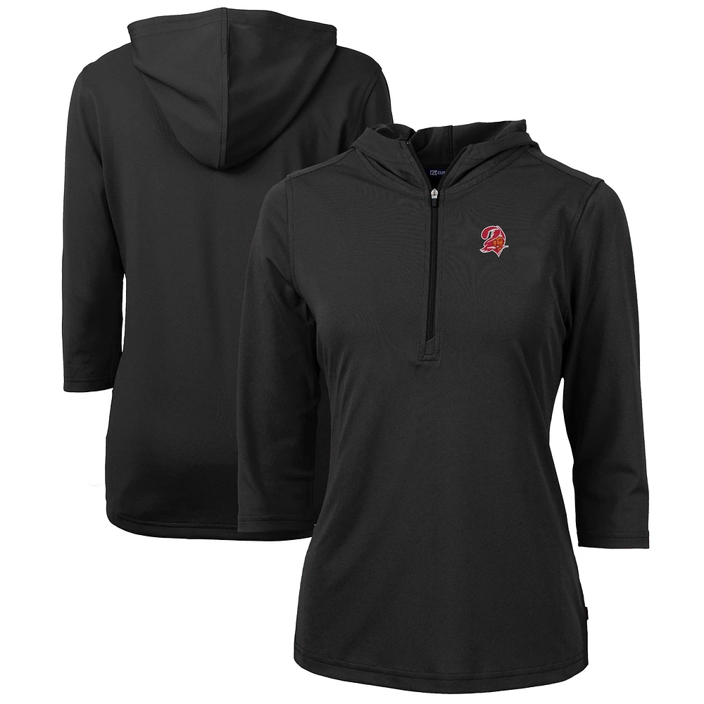 Women's Cutter & Buck Black Tampa Bay Buccaneers Throwback Logo Virtue Eco Pique 3/4 Sleeve Half-Zip Pullover Hoodie