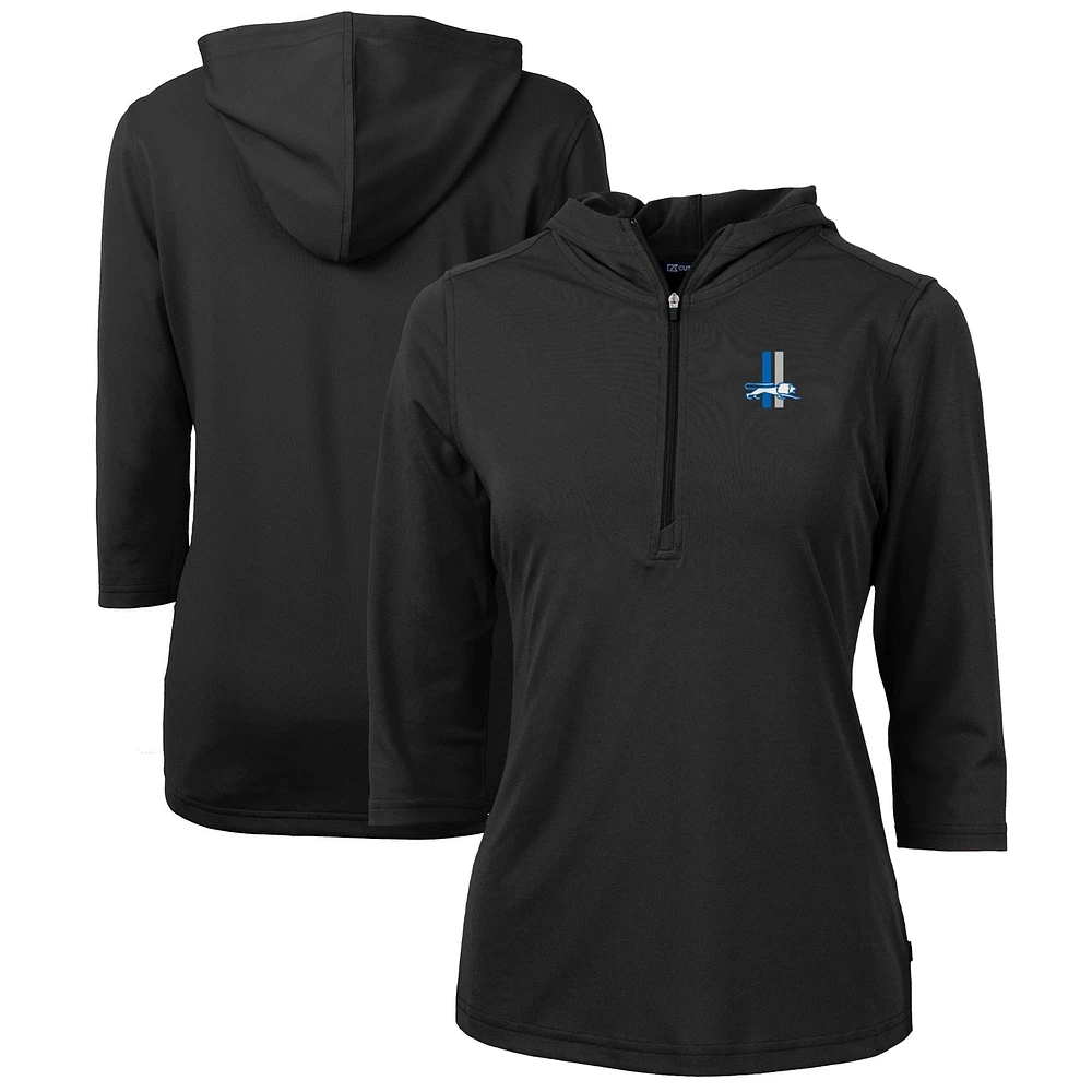 Women's Cutter & Buck Black Detroit Lions Throwback Logo Virtue Eco Pique 3/4 Sleeve Half-Zip Pullover Hoodie