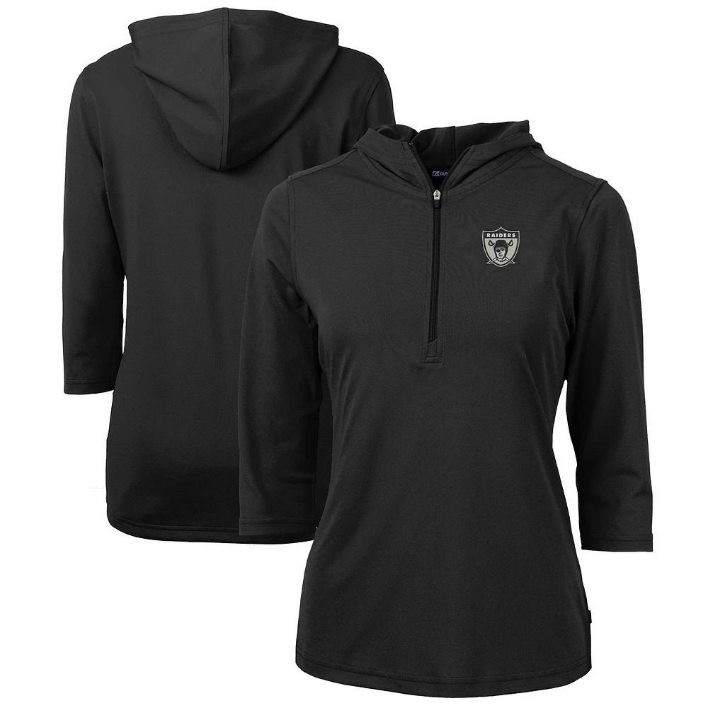 Women's Cutter & Buck Black Las Vegas Raiders Throwback Logo Virtue Eco Pique 3/4 Sleeve Half-Zip Pullover Hoodie