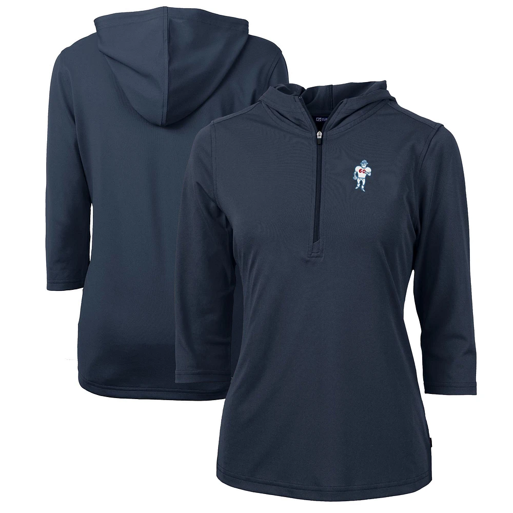 Women's Cutter & Buck Navy Houston Oilers Throwback Logo Virtue Eco Pique 3/4 Sleeve Half-Zip Pullover Hoodie