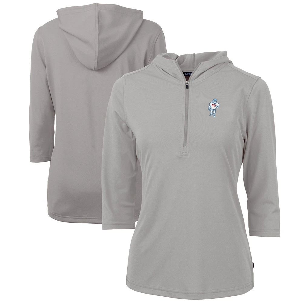 Women's Cutter & Buck Gray Houston Oilers Throwback Logo Virtue Eco Pique 3/4 Sleeve Half-Zip Pullover Hoodie