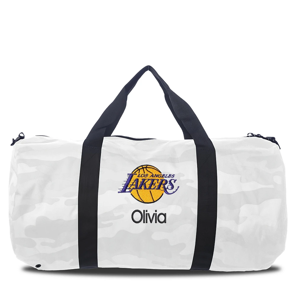 Los Angeles Lakers White Camo Print Personalized Duffel Bag