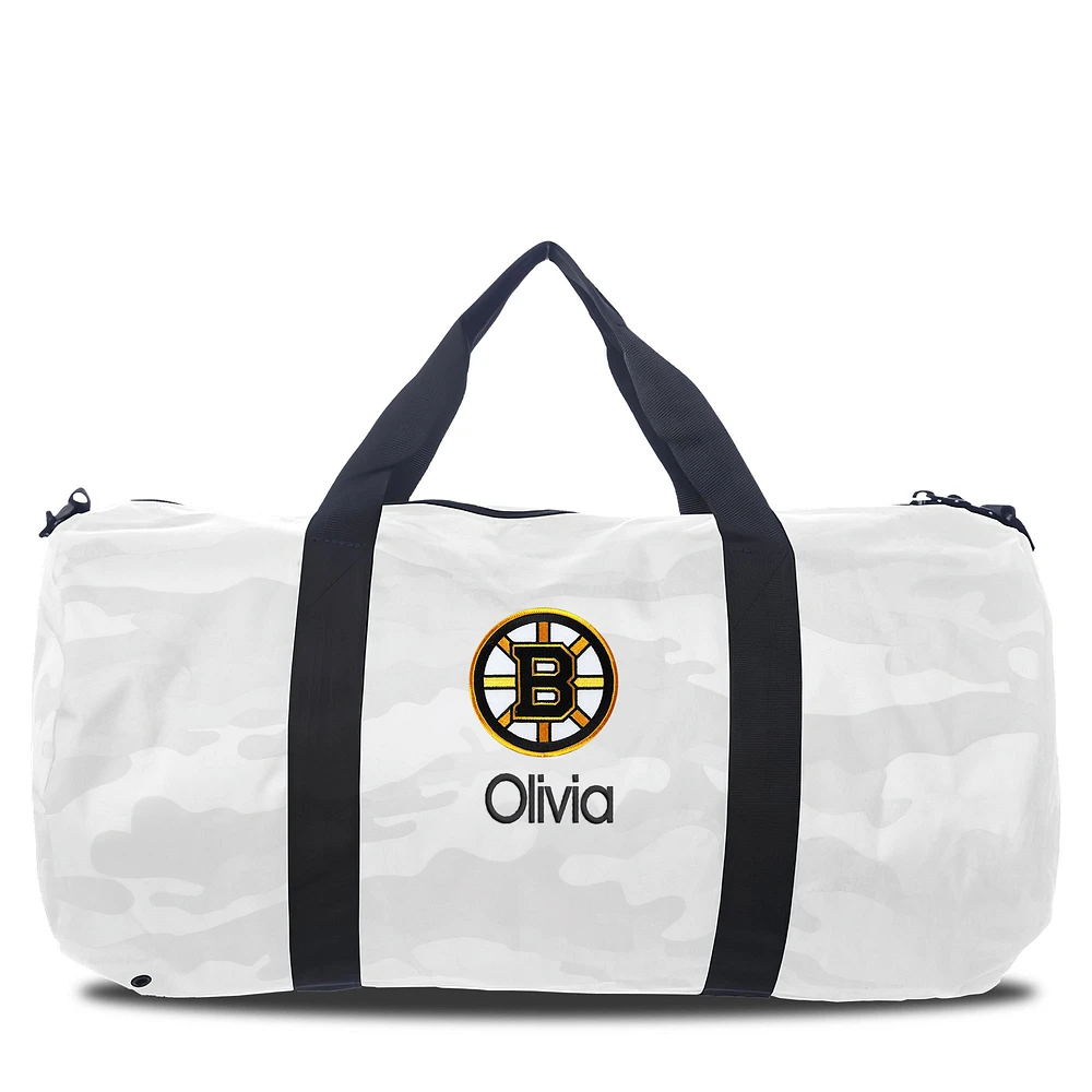Boston Bruins White Camo Print Personalized Duffel Bag