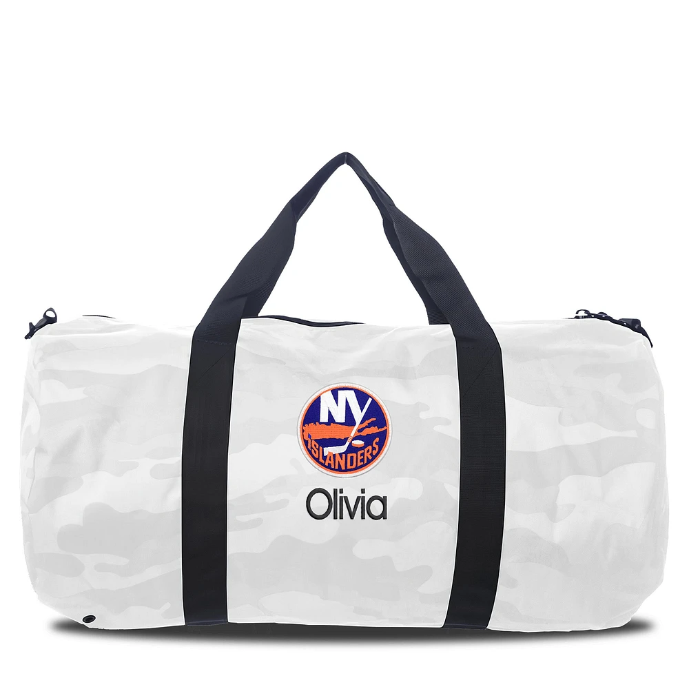 New York Islanders White Camo Print Personalized Duffel Bag
