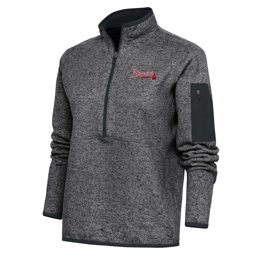 Women's Antigua Heather Charcoal Atlanta Braves Logo Fortune Quarter-Zip Pullover Jacket
