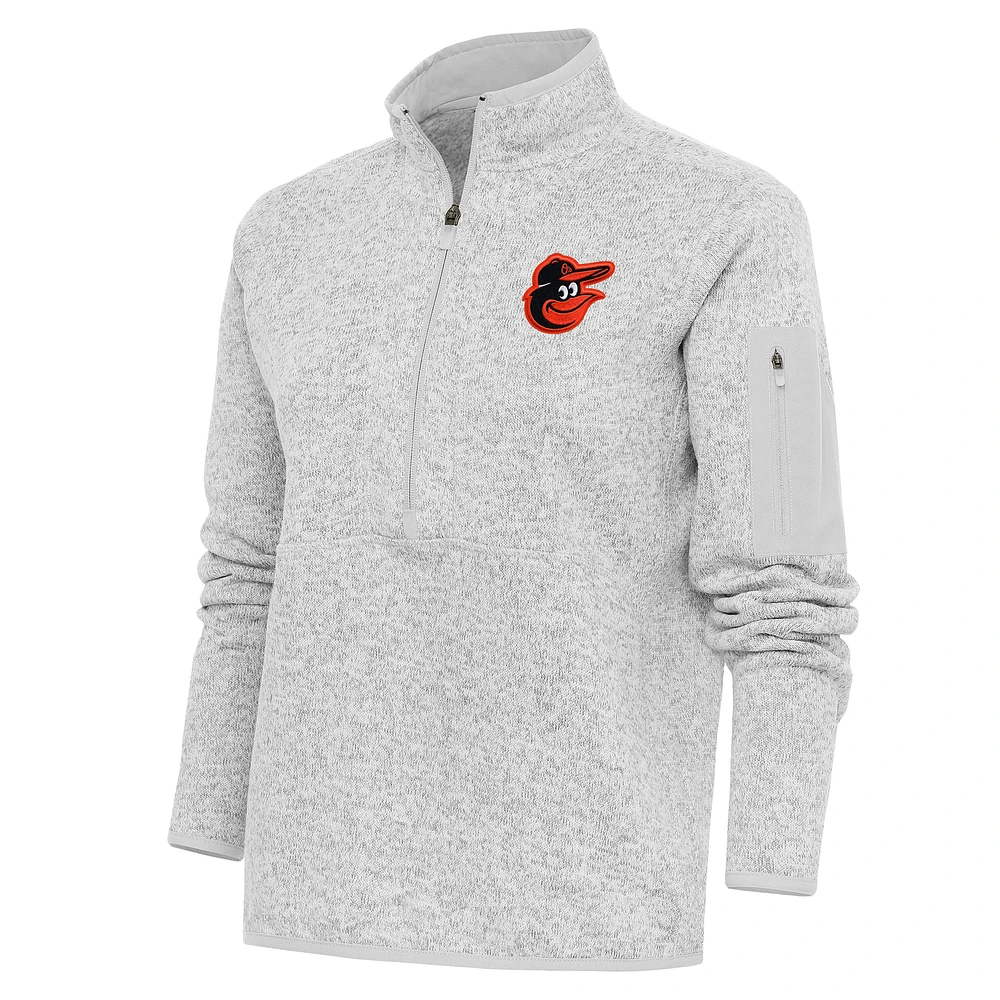 Women's Antigua Heather Gray Baltimore Orioles Logo Fortune Quarter-Zip Pullover Jacket