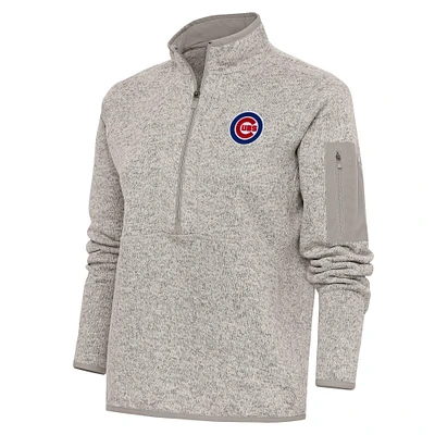 Women's Antigua Oatmeal Chicago Cubs Logo Fortune Quarter-Zip Pullover Jacket