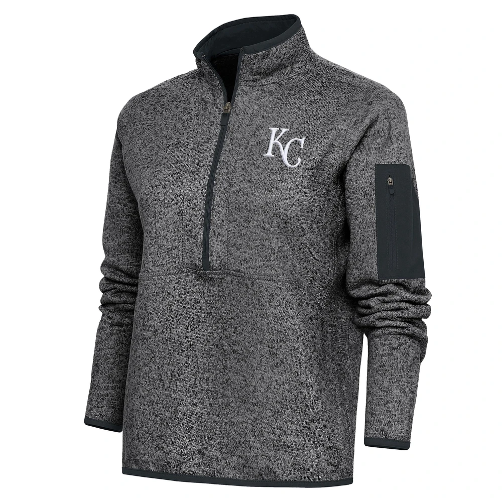 Women's Antigua Heather Charcoal Kansas City Royals Logo Fortune Quarter-Zip Pullover Jacket