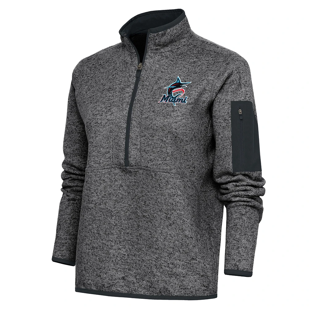 Women's Antigua Heather Charcoal Miami Marlins Logo Fortune Quarter-Zip Pullover Jacket