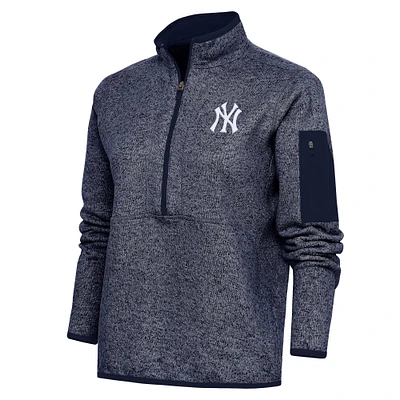 Women's Antigua Heather Navy New York Yankees Logo Fortune Quarter-Zip Pullover Jacket