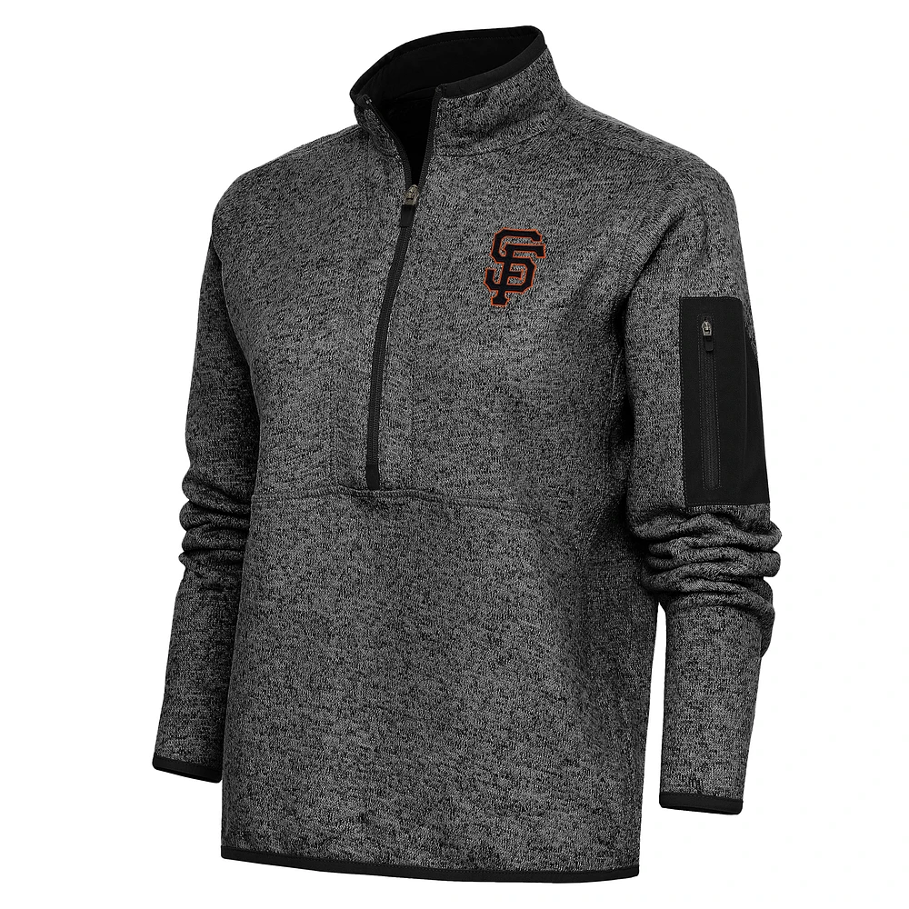 Women's Antigua Heather Black San Francisco Giants Logo Fortune Quarter-Zip Pullover Jacket
