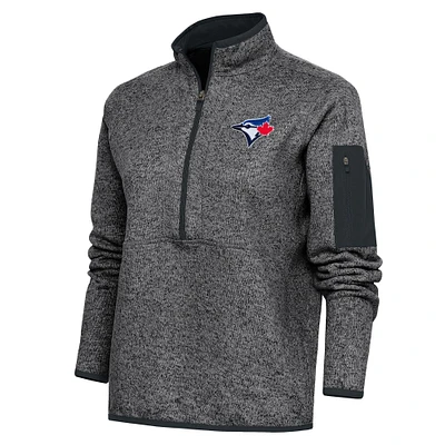 Women's Antigua Heather Charcoal Toronto Blue Jays Logo Fortune Quarter-Zip Pullover Jacket