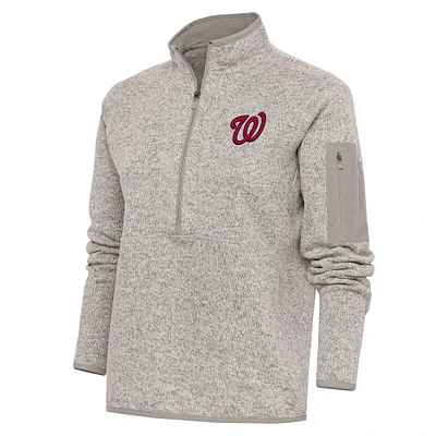 Women's Antigua Oatmeal Washington Nationals Logo Fortune Quarter-Zip Pullover Jacket