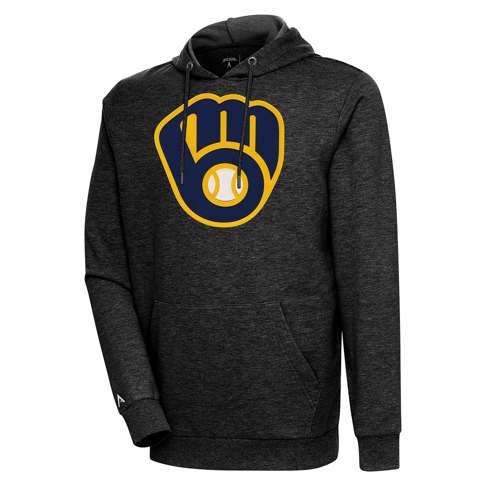 Men's Antigua Heather Black Milwaukee Brewers Action Pullover Hoodie