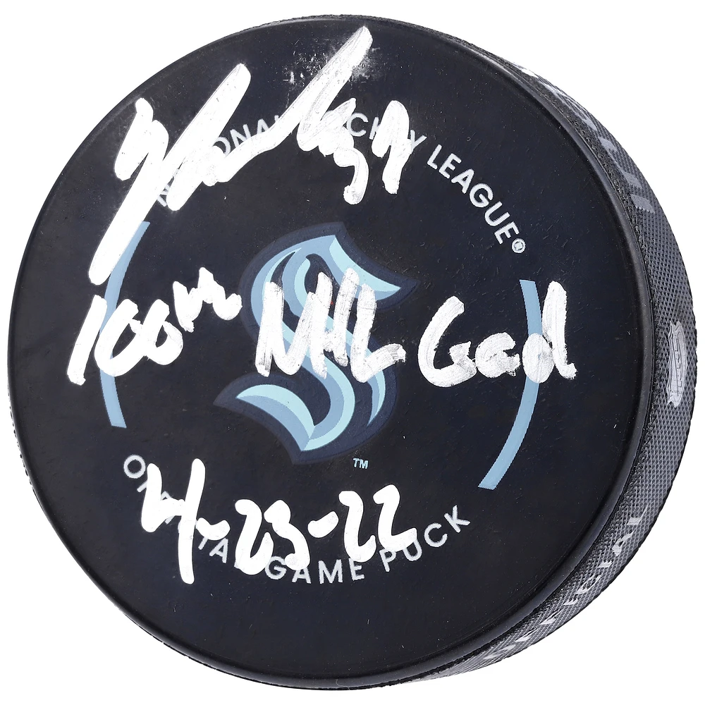 Yanni Gourde Seattle Kraken Autographed Official Game Puck with "100th NHL Goal 4-23-22" Inscription
