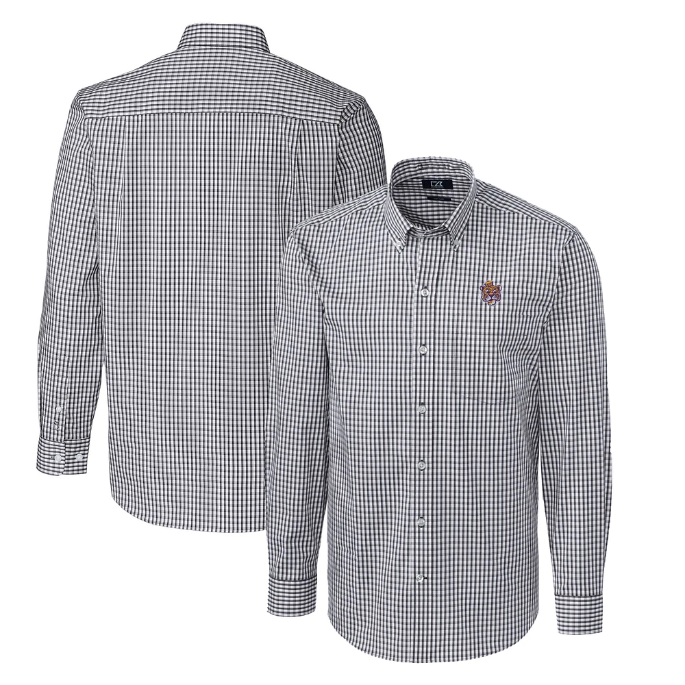 Men's Cutter & Buck Charcoal LSU Tigers Easy Care Stretch Gingham Big & Tall Long Sleeve Button-Down Shirt