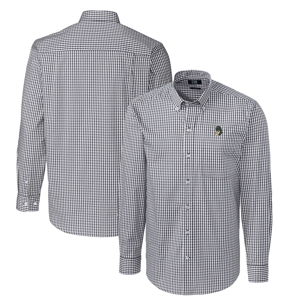 Men's Cutter & Buck Charcoal Michigan State Spartans Easy Care Stretch Gingham Big & Tall Long Sleeve Button-Down Shirt