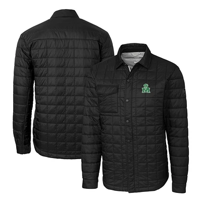 Men's Cutter & Buck Black Marshall Thundering Herd Team Logo Big Tall Rainier PrimaLoft Eco Insulated Quilted Button-Up Shacket
