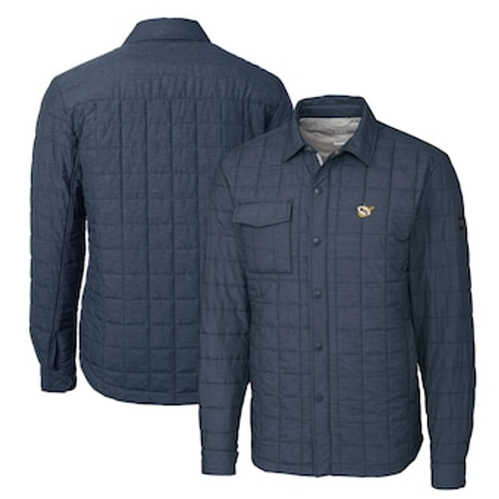 Men's Cutter & Buck Heather Navy West Virginia Mountaineers Team Logo Big Tall Rainier PrimaLoft Eco Insulated Quilted Button-Up Shacket