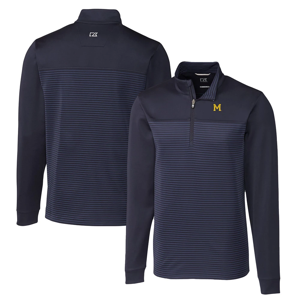 Men's Cutter & Buck Navy Michigan Wolverines Big & Tall Traverse Stripe Stretch Quarter-Zip Pullover Top