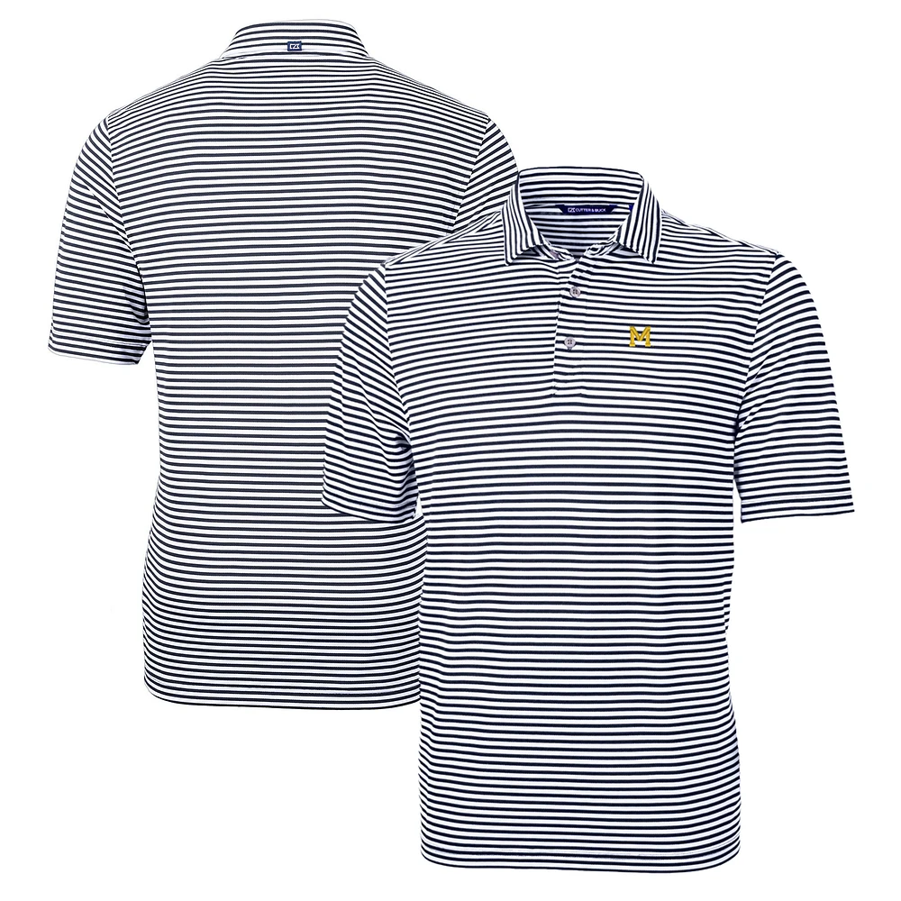 Men's Cutter & Buck Navy Michigan Wolverines Big & Tall Team Logo Virtue Eco Pique Stripe Recycled Polo