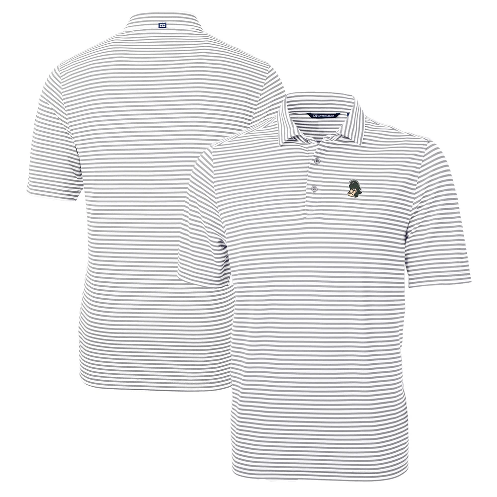 Men's Cutter & Buck Gray Michigan State Spartans Big & Tall Team Logo Virtue Eco Pique Stripe Recycled Polo