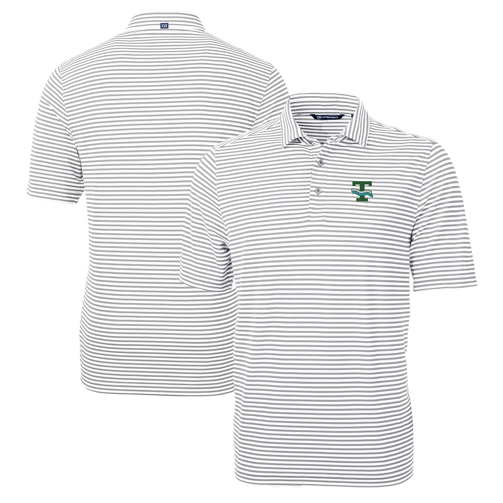 Men's Cutter & Buck Gray Tulane Green Wave Big Tall Team Logo Virtue Eco Pique Stripe Recycled Polo