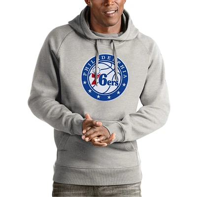 Men's Antigua Heather Gray Philadelphia 76ers Team Logo Victory Pullover Hoodie