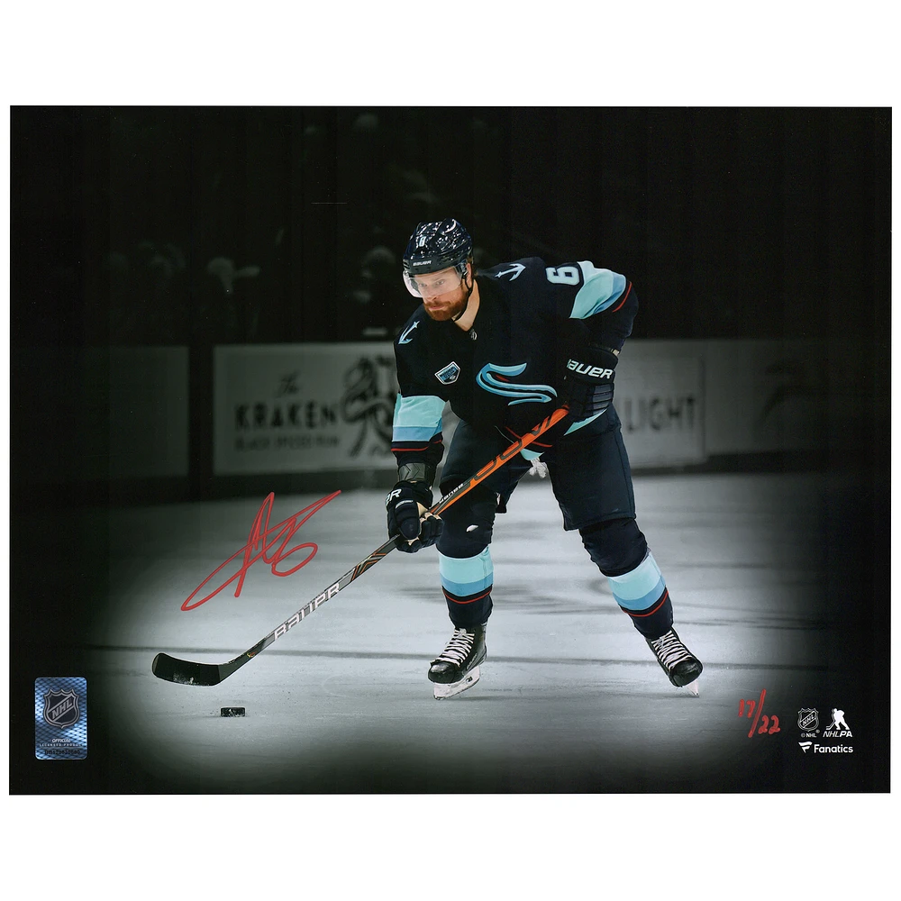 Adam Larsson Seattle Kraken Autographed 11" x 14" Deep Sea Blue Jersey with Puck Spotlight Photograph - Limited Edition of 22