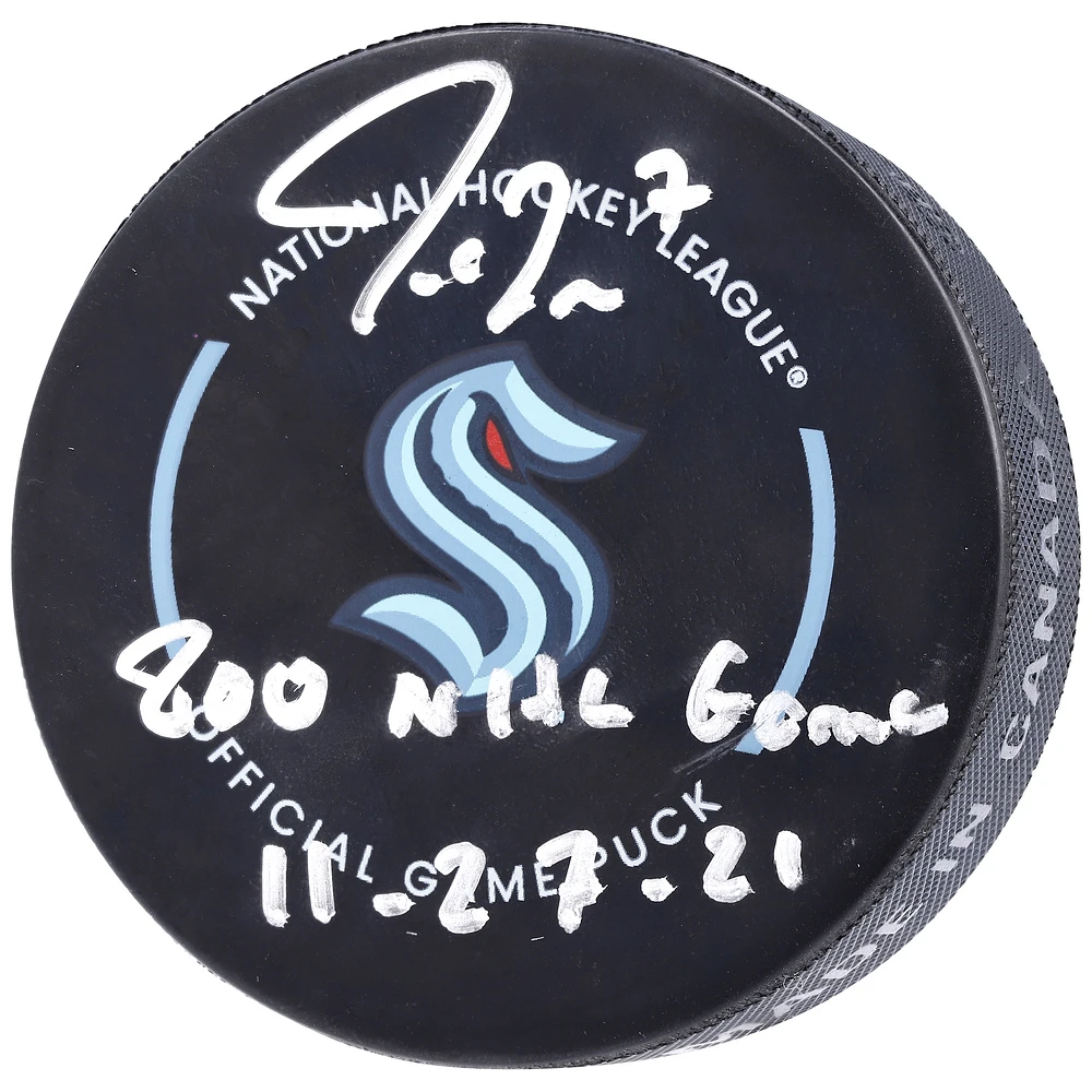 Jordan Eberle Seattle Kraken Autographed Official Game Puck with "800th NHL Game 11-27-21" Inscription