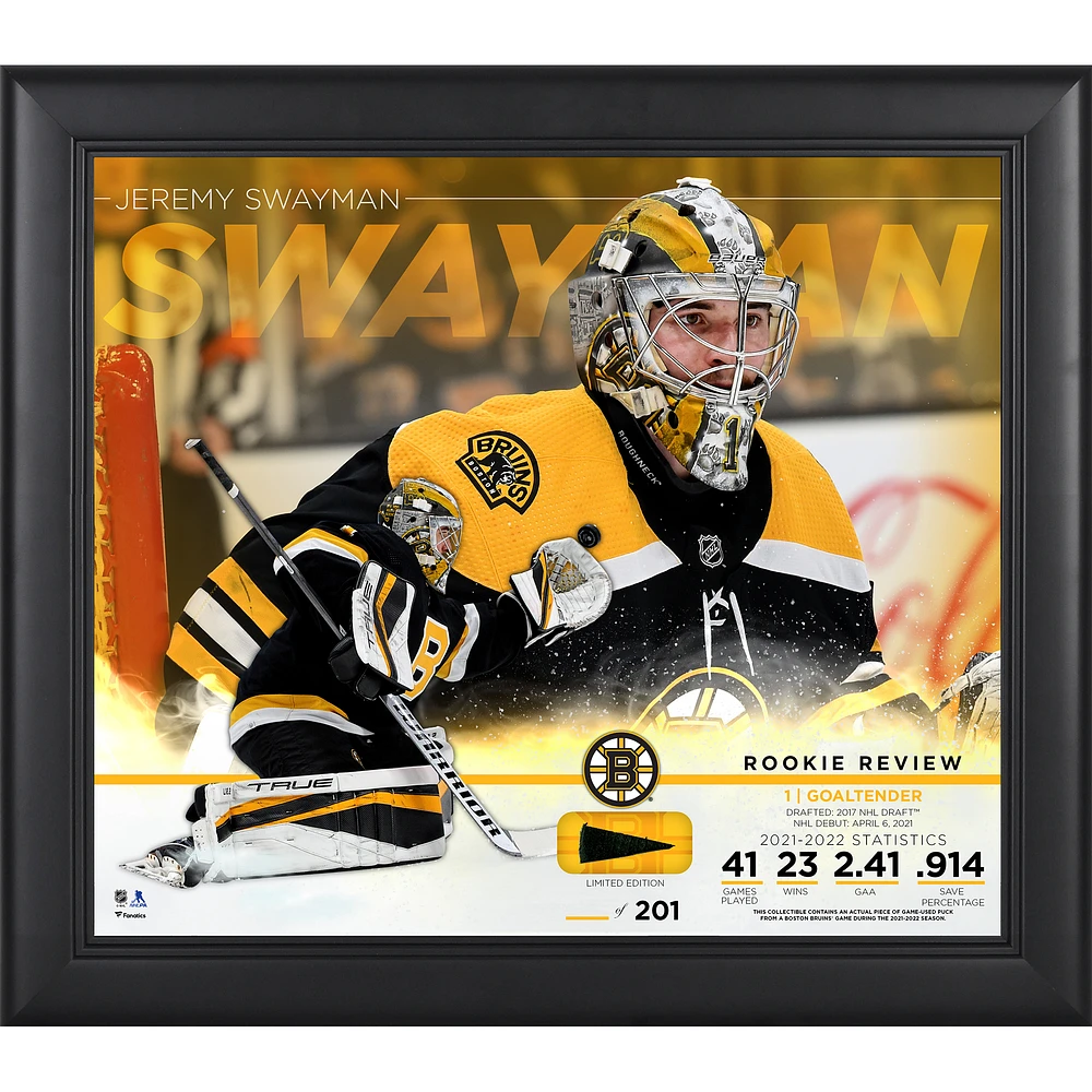 Jeremy Swayman Boston Bruins Framed 15" x 17" Rookie Review Collage with Piece of Game-Used Puck - Limited Edition of 201