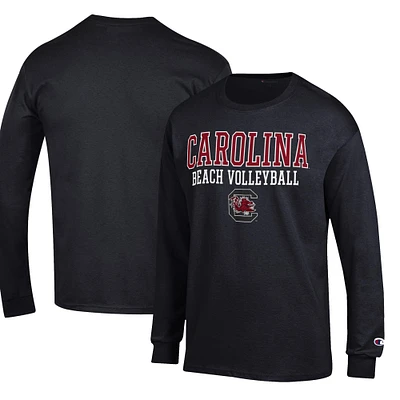 Men's Champion Black South Carolina Gamecocks Stack Logo Beach Volleyball Powerblend Long Sleeve T-Shirt