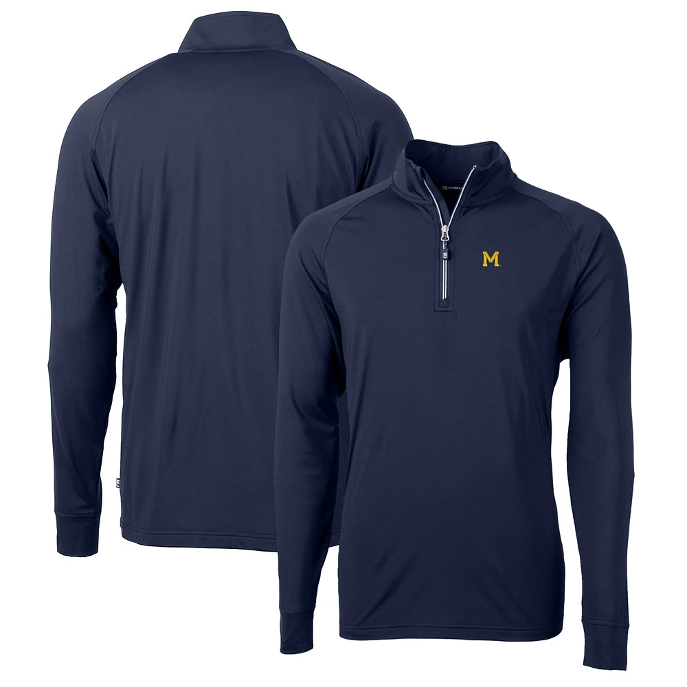 Men's Cutter & Buck Navy Michigan Wolverines Adapt Eco Knit Stretch Recycled Quarter-Zip Pullover Top