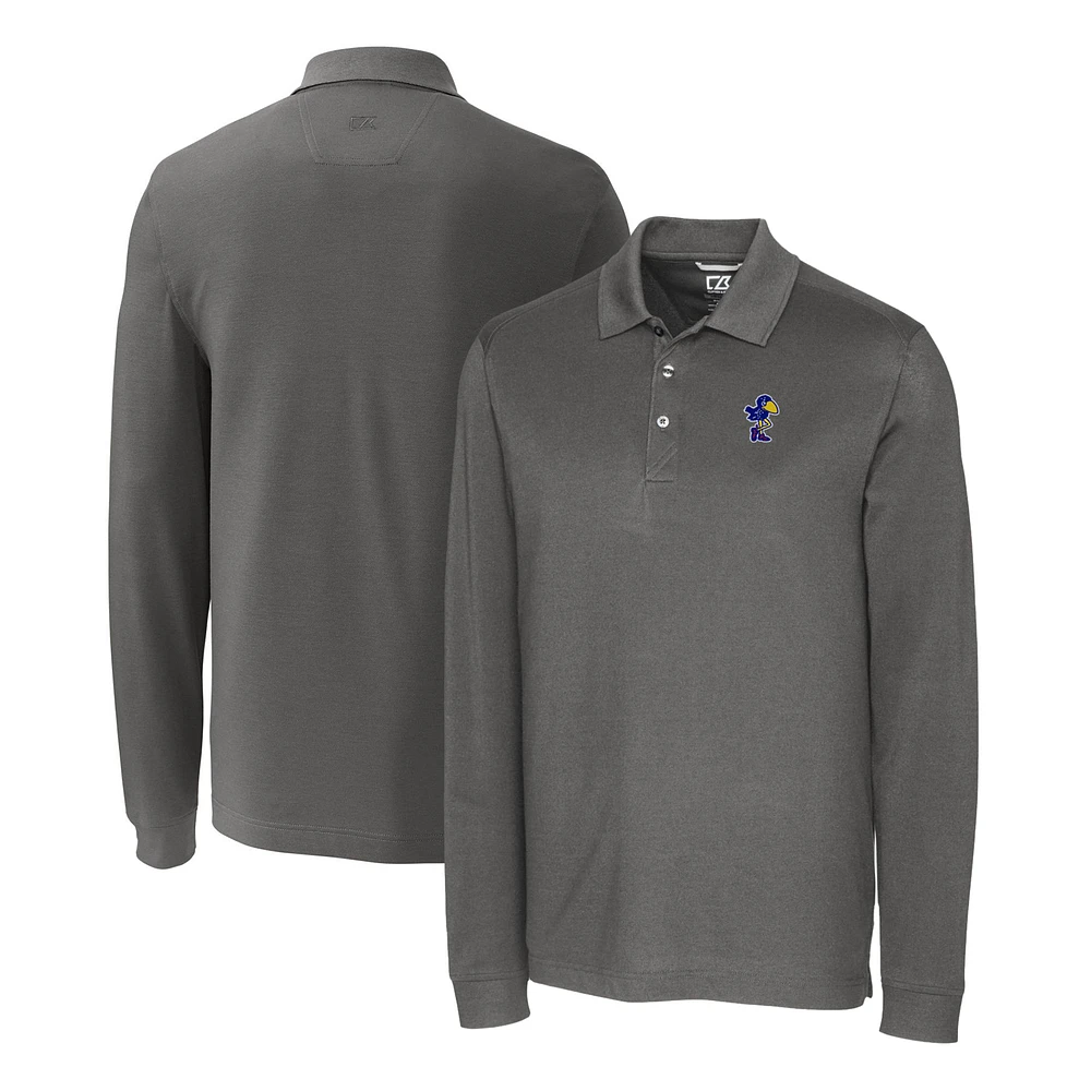 Men's Cutter & Buck Steel Kansas Jayhawks Advantage Tri-Blend Pique Long Sleeve Polo