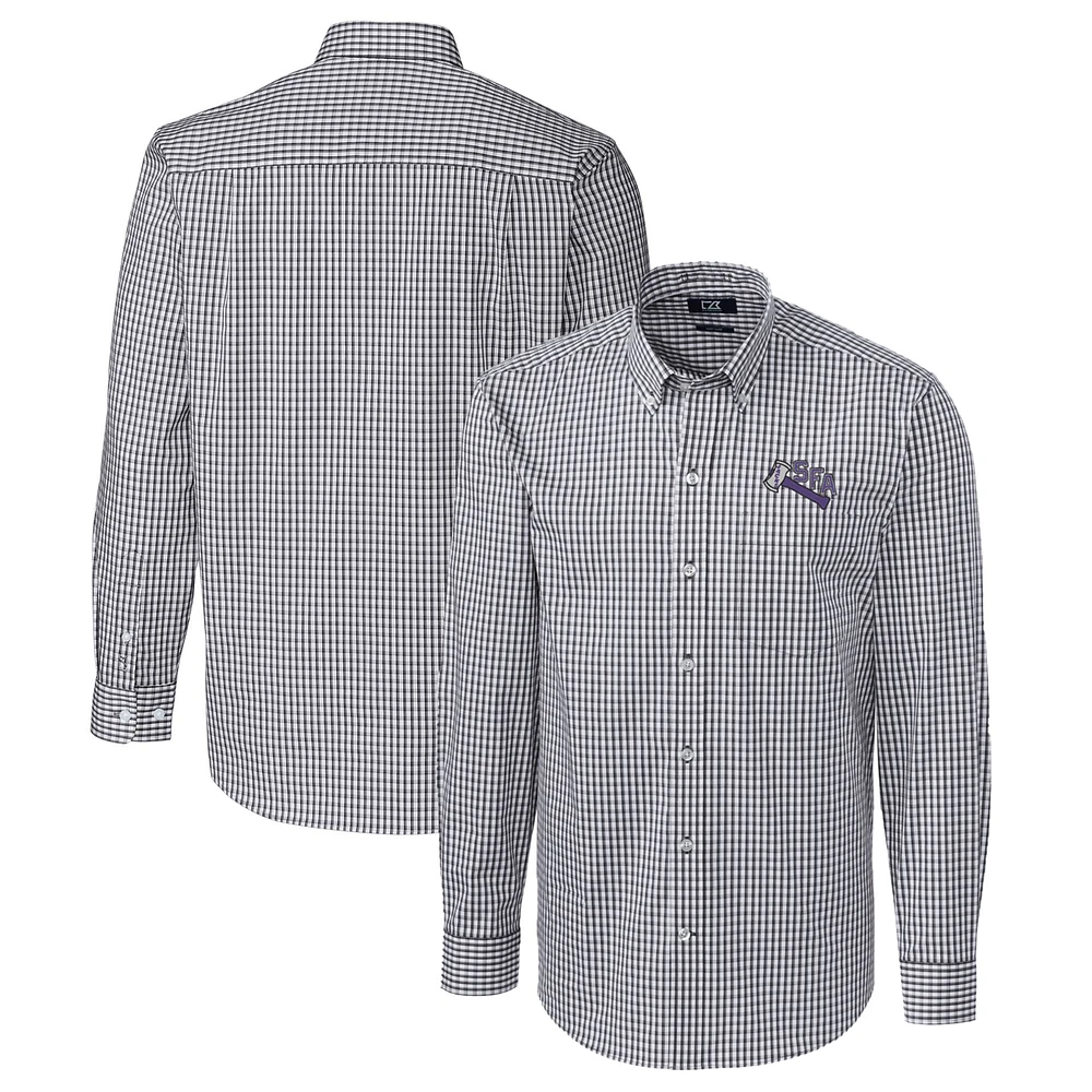 Men's Cutter & Buck Charcoal Stephen F Austin Lumberjacks Easy Care Stretch Gingham Long Sleeve Button-Down Shirt