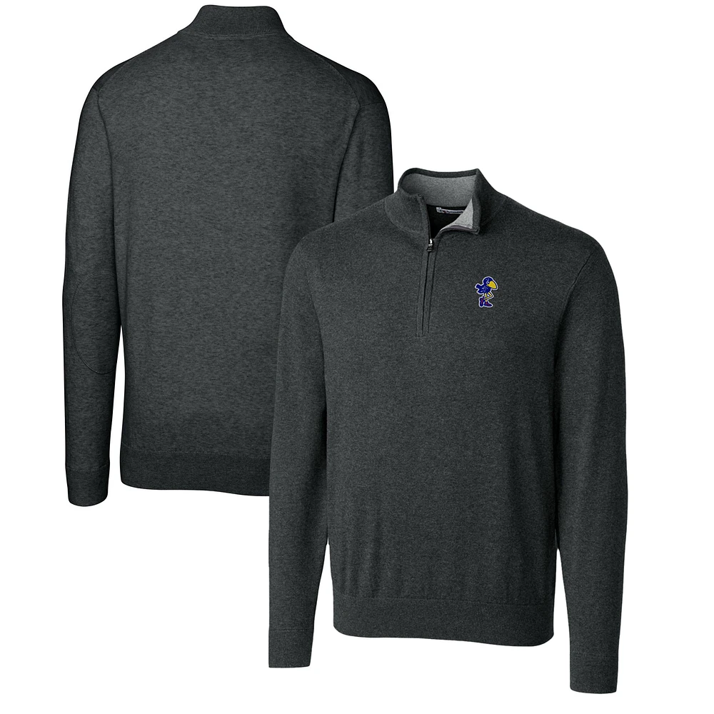 Men's Cutter & Buck Heather Charcoal Kansas Jayhawks Lakemont Quarter-Zip Pullover Sweater