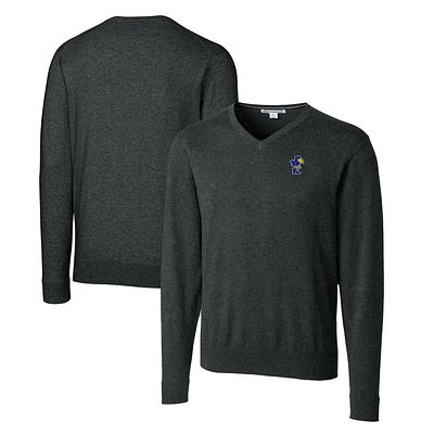Men's Cutter & Buck Heather Charcoal Kansas Jayhawks Lakemont Tri-Blend V-Neck Pullover Sweater