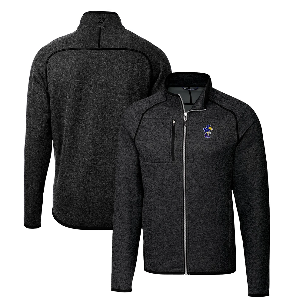 Men's Cutter & Buck Heather Charcoal Kansas Jayhawks Mainsail Sweater-Knit Full-Zip Jacket