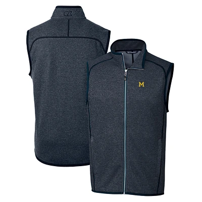 Men's Cutter & Buck Heather Navy Michigan Wolverines Mainsail Sweater-Knit Full-Zip Vest