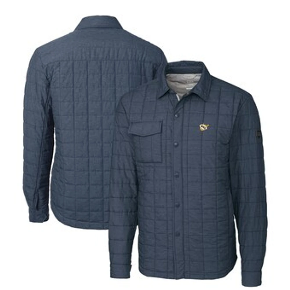 Men's Cutter & Buck Heather Navy West Virginia Mountaineers Rainier PrimaLoft Eco Insulated Quilted Button-Up Shacket