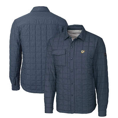 Men's Cutter & Buck Heather Navy West Virginia Mountaineers Rainier PrimaLoft Eco Insulated Quilted Button-Up Shacket